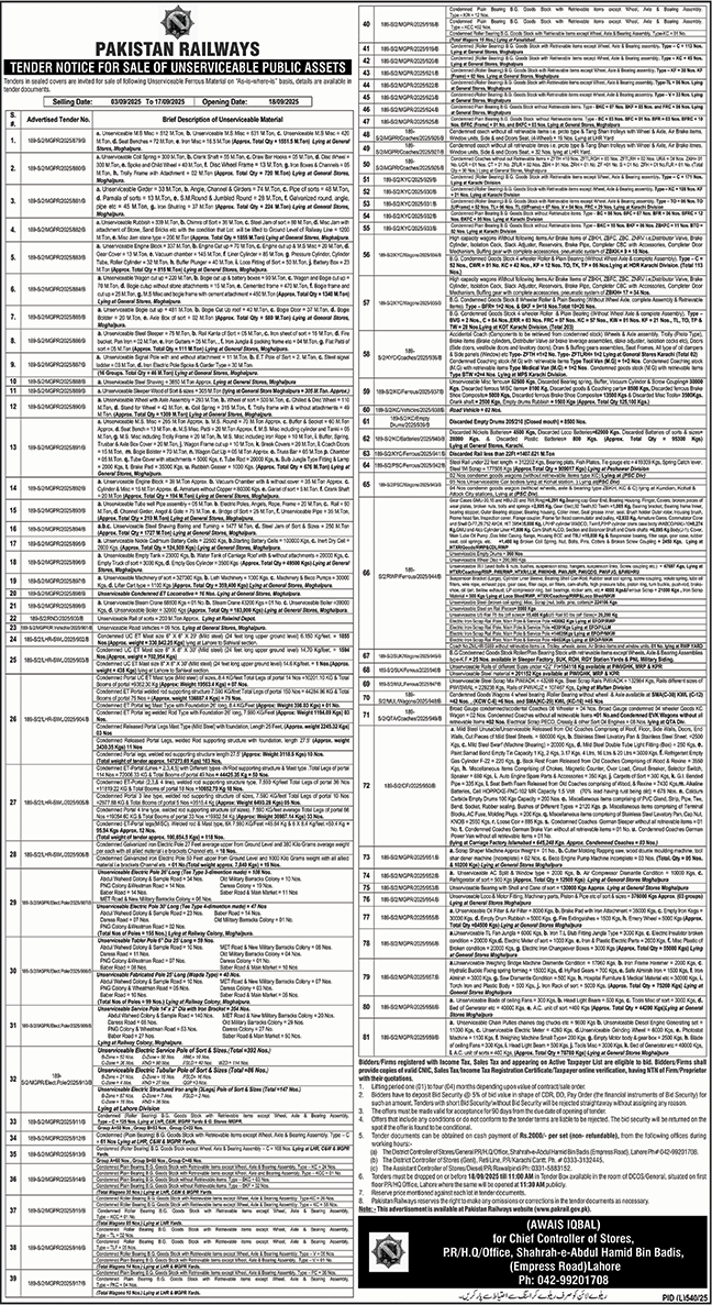 Pakistan Railways Lahore Tender Notice-1
